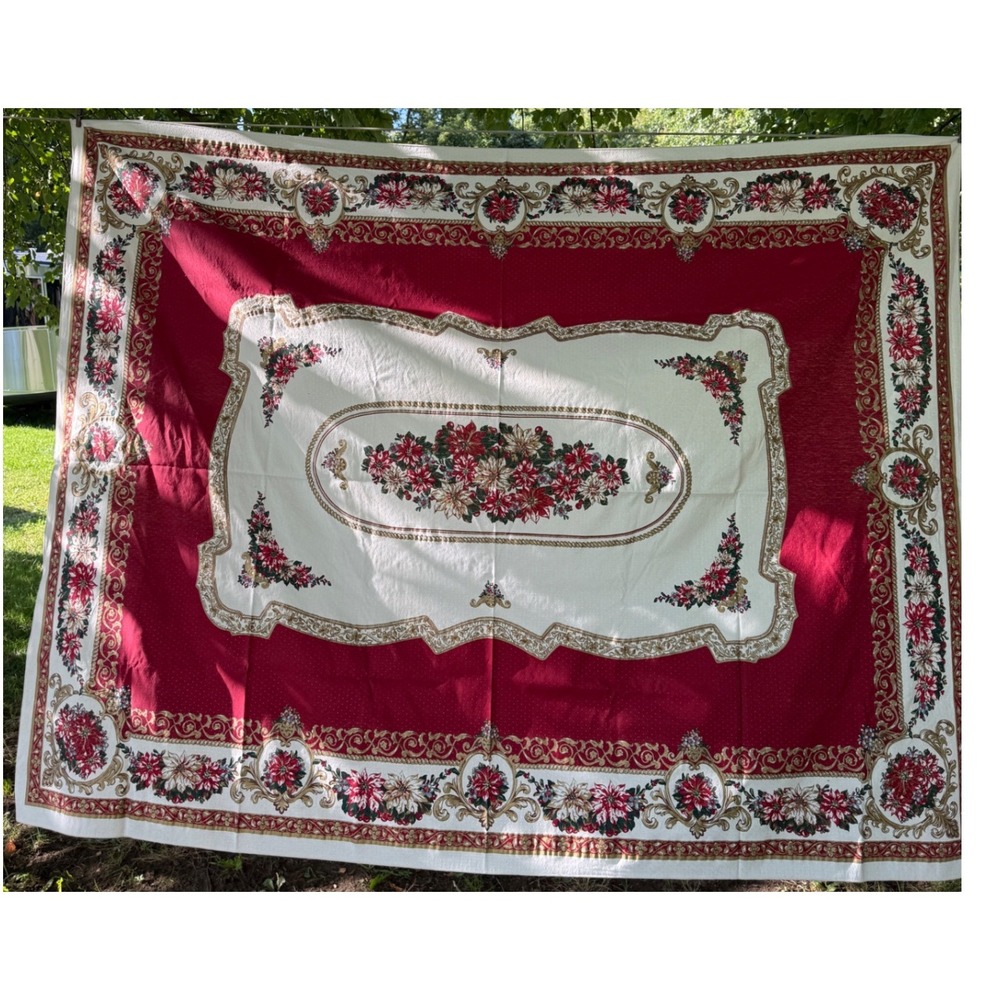 Sunweave Lin Christmas Poinsettia Tablecloth Red White Gold Floral 60x78 Rect